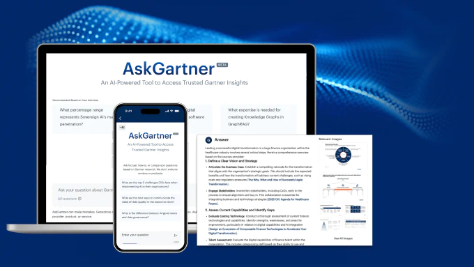 Screenshot of the AskGartner tool displayed on both a laptop and a mobile phone, showing an example search query on each device.
