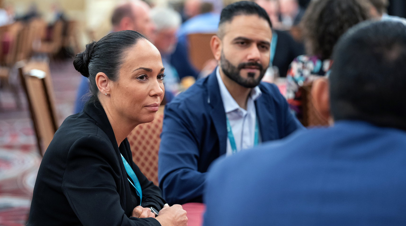 Person in networking conversation