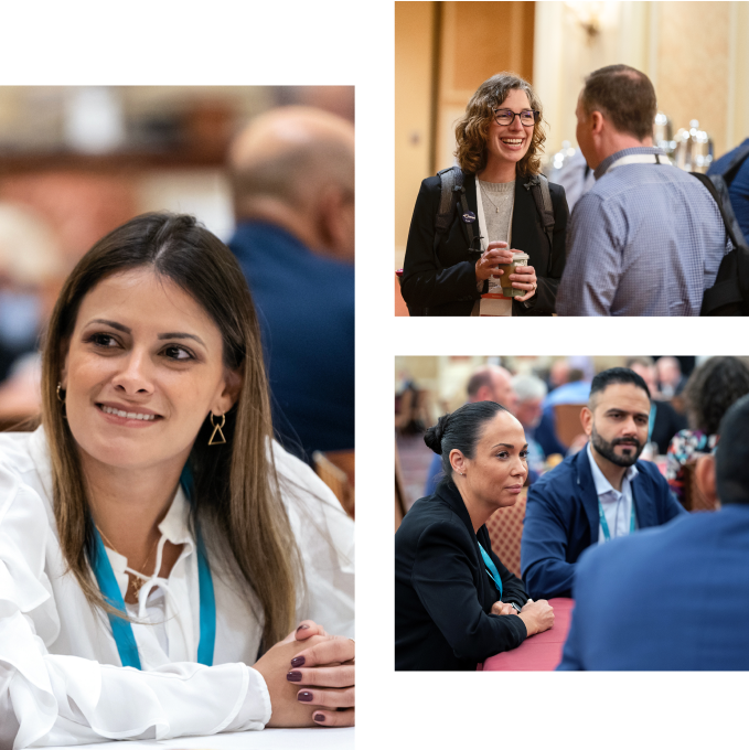 A collage of images featuring clients networking and engaging in conversations at the conference.