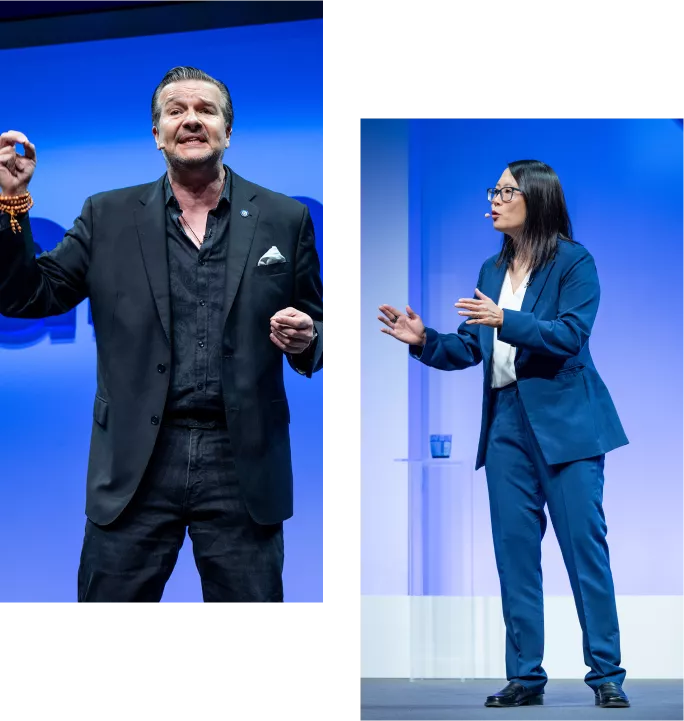 Leigh McMullen and Christine Lee speaking on stage