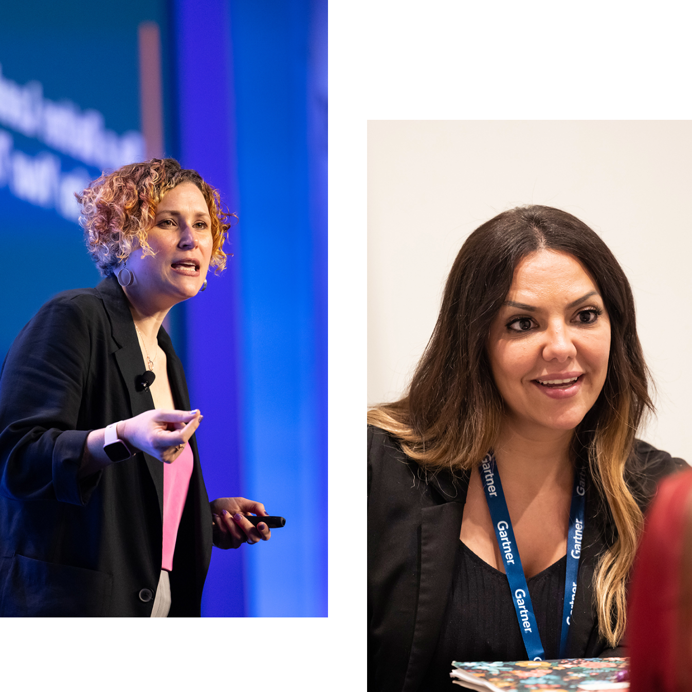 A collage of two images showing Gartner experts engaging with attendees at the conference.