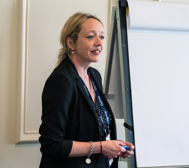 Person in networking conversation