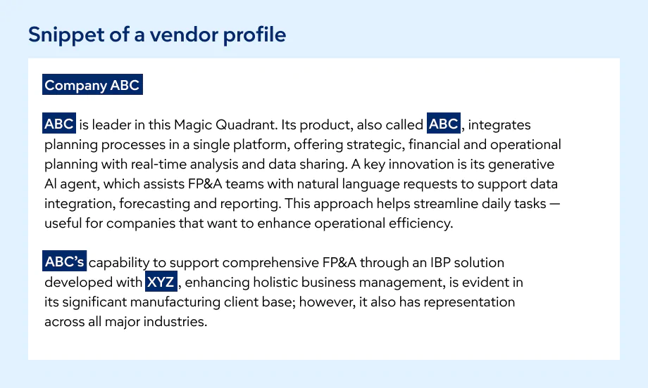 Snippet of a vendor profile for example