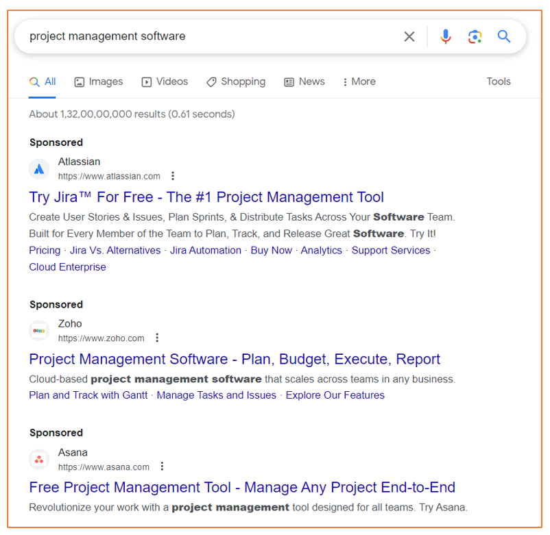 Example of paid search advertising, Google search engine results page