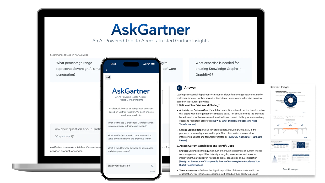 Screenshot of the AskGartner tool displayed on both a laptop and a mobile phone, showing an example search query on each device.