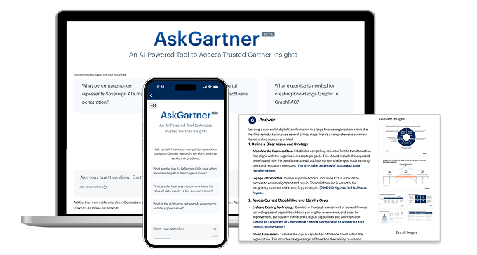 Screenshot of the AskGartner tool displayed on both a laptop and a mobile phone, showing an example search query on each device.