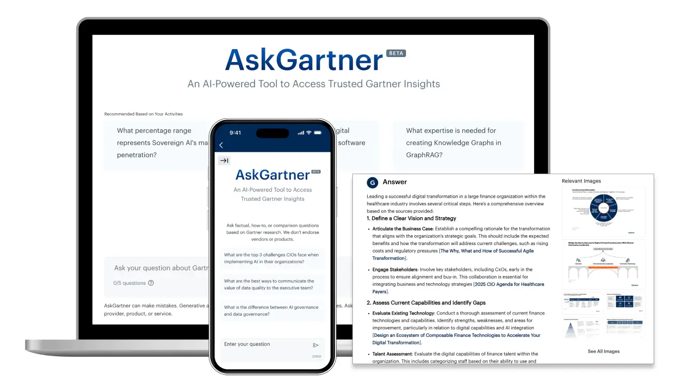 Screenshot of the AskGartner tool displayed on both a laptop and a mobile phone, showing an example search query on each device.